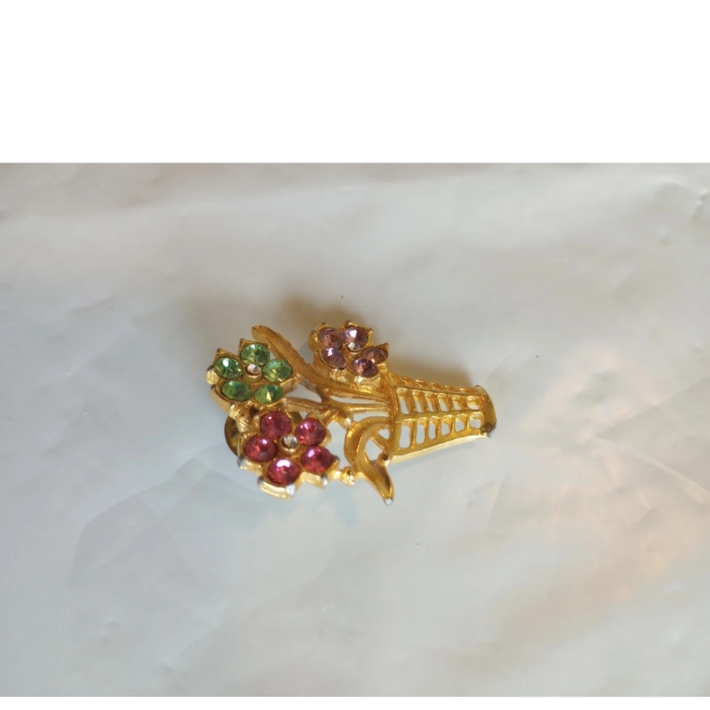Flower Basket Brooch Pin Unsigned Gold Tone Pink/Green/Purple See Description - Picture 4 of 12